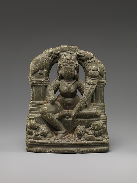 Stone relief of Gaja Lakshmi, goddess of fortune, flanked by elephants pouring water