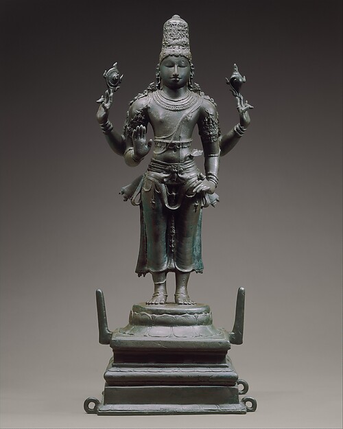 Chola-period bronze of the preserver god Vishnu standing with four arms holding his attributes